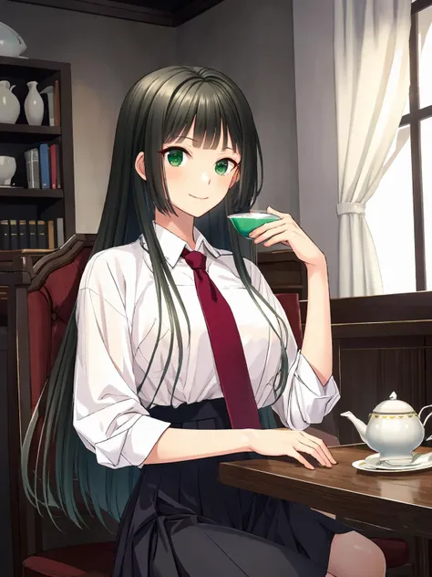 masterpiece,best quality,highres,cinematic lighting,dramatic angle,<lora:SakuraKyoukaV2-000008:0.8>,dark green hair,long hair,see-through bangs,green eyes,kyouka,white shirt,red necktie,black high-waist skirt,looking at viewer,sitting,drinking tea,afternoo...