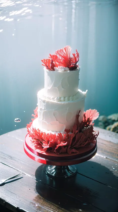 there is a white cake with red flowers on a red plate