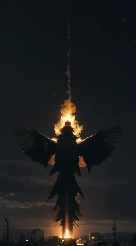 a large bird flying over a city at night with a fire in the background