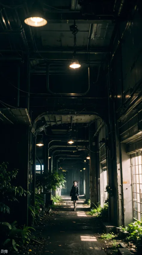 arafed building with a person walking down a dark hallway