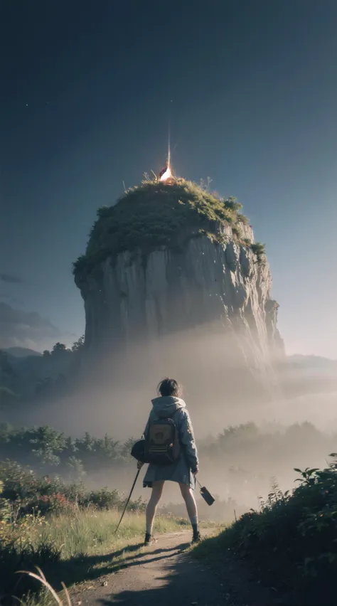 a man walking down a path towards a mountain with a cross on top