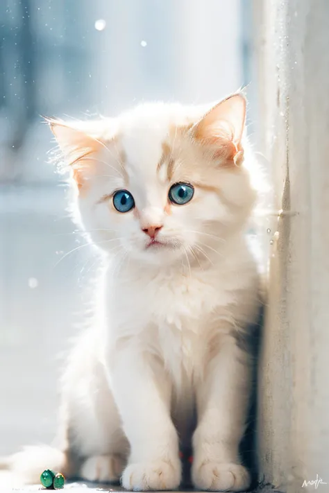 there is a white cat with blue eyes sitting on the floor