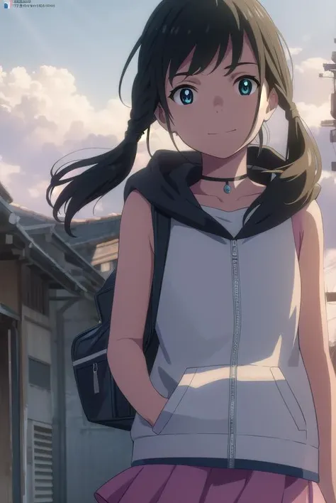 hinaamano, <lora:hina amano movie-lora-nochekaiser:1>,
hina amano, black hair, twintails, blue eyes, smile,
BREAK skirt, jacket, sleeveless, choker, hood, bag, hoodie, white jacket, backpack, hood down, hooded jacket, pink skirt, sleeveless jacket, sleevel...