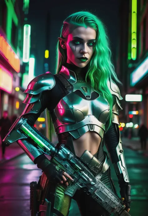 magnificent 24yo woman, green eyes, green hair, medieval elf, green lipstick, windswept hair, full body, american shot
steel armor, in a cyberpunk city, at night, neon lights, holding a ultra realistic rifle with both hands, <lora:Cyber_Rifle:1.0>
film gra...