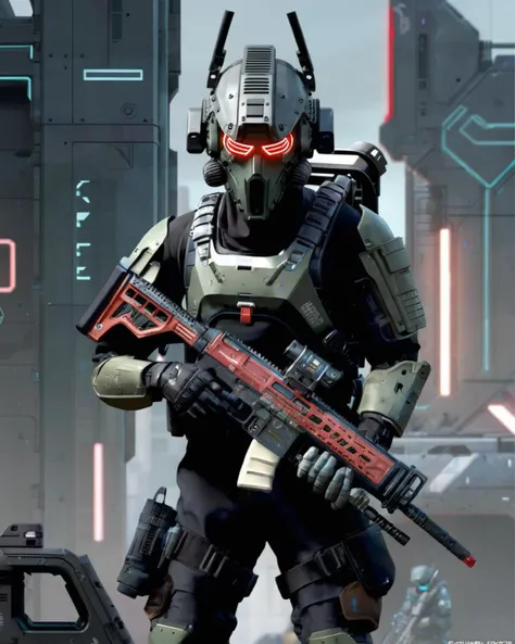 cyberpunk,  , soldier using a rifle, world war 6, helmet, demon mask, futuristic cyberpunk action rifle: 1.3, Stark , Retro-tech , Laser grid , Lunar beacon , <lora:Cyber_Rifle:1.0>