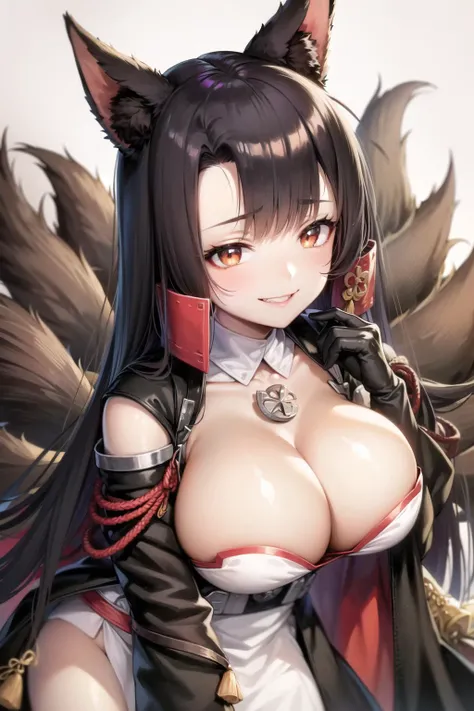 masterpiece, best quality, AkagiV4, azur lane, akagi (azur lane), 1girl, animal ears, black hair, black kimono, breasts, brown hair, brown tail, fox ears, fox girl, fox tail, gloves, japanese clothes, kimono, kitsune, large breasts, long hair, looking at v...