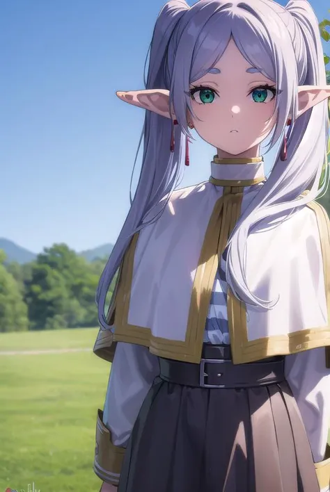 frieren, <lora:frierenv2-lora-nochekaiser:1>,
frieren, long hair, twintails, (green eyes:1.5), grey hair, pointy ears, elf,
BREAK shirt, long sleeves, jewelry, pantyhose, earrings, striped, black pantyhose, capelet, striped shirt,
BREAK outdoors, sky, natu...