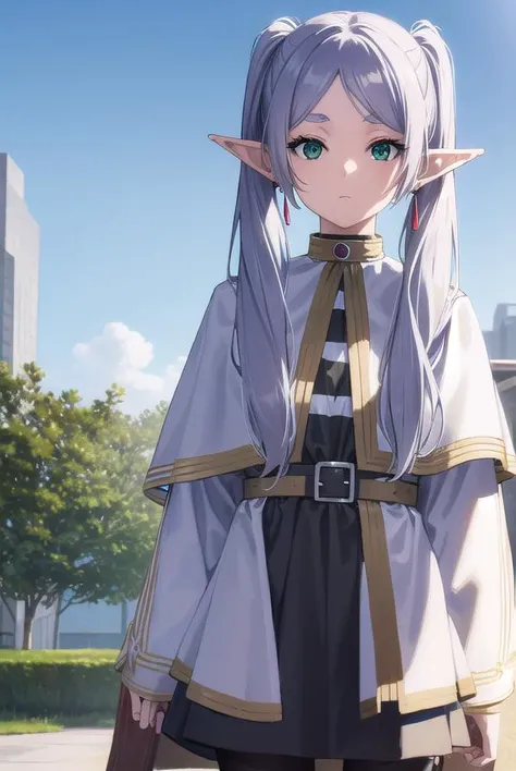 frieren, <lora:frierenv2-lora-nochekaiser:1>,
frieren, long hair, twintails, (green eyes:1.5), grey hair, pointy ears, elf,
BREAK shirt, long sleeves, jewelry, pantyhose, earrings, striped, black pantyhose, capelet, striped shirt,
BREAK outdoors, sky, natu...