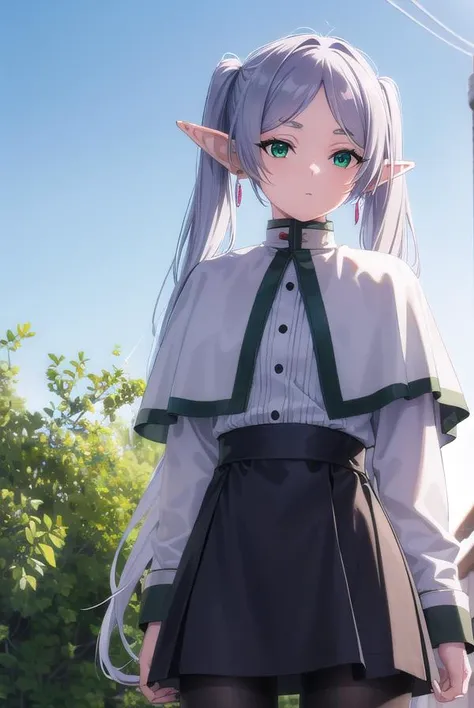 frieren, <lora:frierenv2-lora-nochekaiser:1>,
frieren, long hair, twintails, (green eyes:1.5), grey hair, pointy ears, elf,
BREAK shirt, long sleeves, jewelry, pantyhose, earrings, striped, black pantyhose, capelet, striped shirt,
BREAK outdoors, sky, natu...