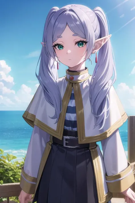 frieren, <lora:frierenv2-lora-nochekaiser:1>,
frieren, long hair, twintails, (green eyes:1.5), grey hair, pointy ears, elf,
BREAK shirt, long sleeves, jewelry, pantyhose, earrings, striped, black pantyhose, capelet, striped shirt,
BREAK outdoors, sky, natu...