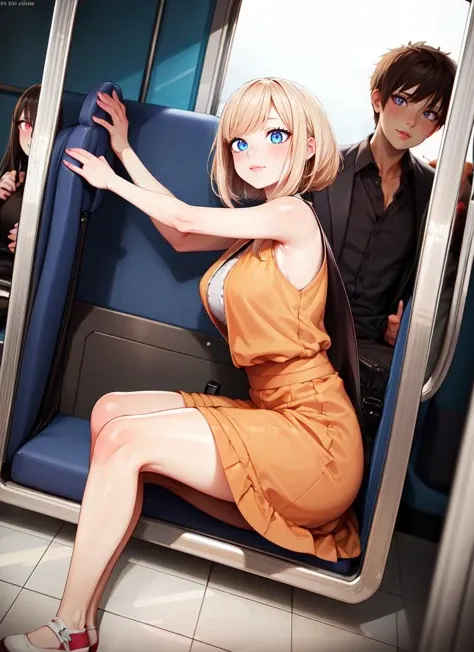 ((best quality)), ((highly detailed)), detailed face, beautiful face, , (1girl), fisheye lense, full body, ((sleeveless dress, maxi skirt)), <lora:hairdetailer:.6>, innocent, wide eyes, big eyes, cute, breasts, orange sundress, maxi skirt, (inside, in a tr...