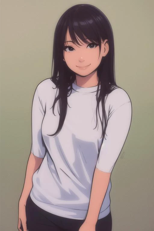 a woman with long black hair and a white shirt