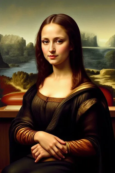 the mona lisa is no longer seated in a renaissance setting but is now part of a bustling urban environment. picture her in a chi...