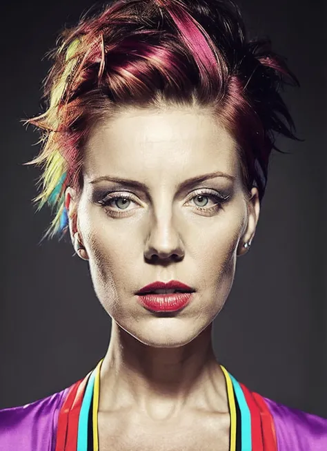 portrait of sks woman by Flora Borsi, style by Flora Borsi, bold, bright colours, rainbow Mohawk haircut, ((Flora Borsi)), <lora:locon_andreaparker_v1_from_v1_64_32:1.25>