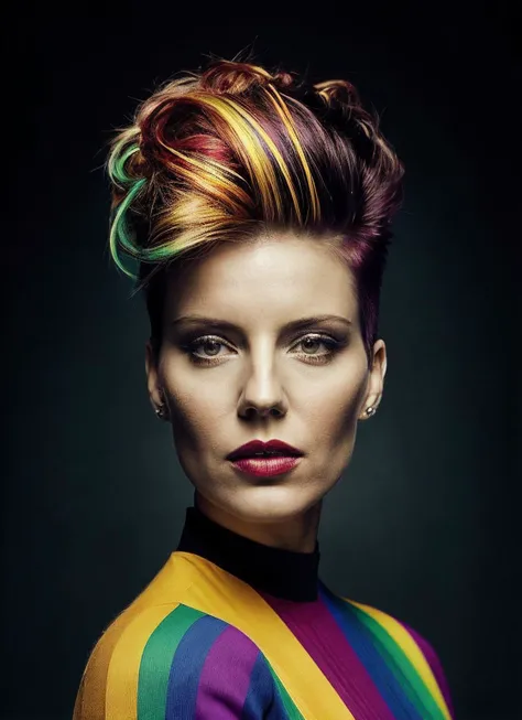 portrait of sks woman by Flora Borsi, style by Flora Borsi, bold, bright colours, rainbow Mohawk haircut, ((Flora Borsi)), <lora:locon_andreaparker_v1_from_v1_64_32:1>