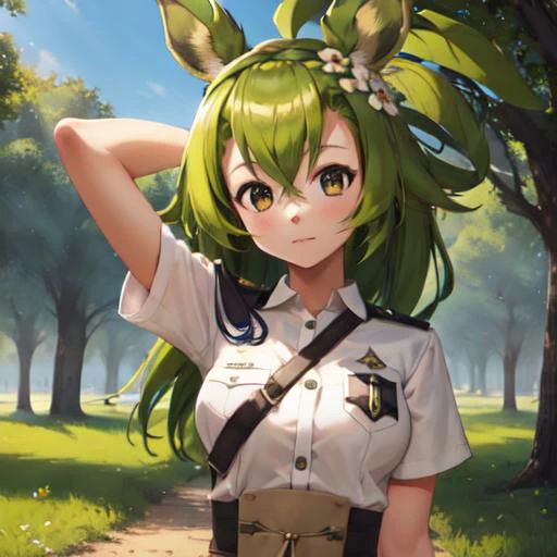 leafeon,<lora:furryEeveelutionLora_v2:0.8>, Beautiful Art Style, 1girl, young woman, looking at viewer, glorious, war, one arm behind her head, policewoman costume, amaliayoung,  <lora:amaliaWakfuCharacter_v10:0.8>