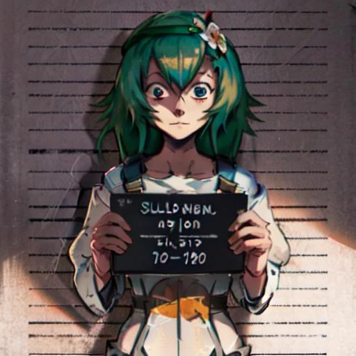 mugshot, height chart, holding sign,  <lora:mugshotLora_mugshot:0.8>, Beautiful Art Style, 1girl, young woman, looking at viewer, personable, slums, upright straddle, day of the dead costume, amaliayoung,  <lora:amaliaWakfuCharacter_v10:0.8>