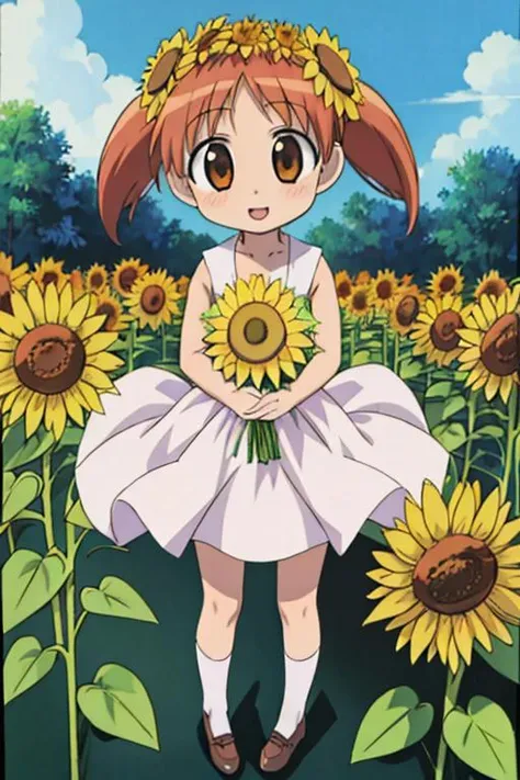 masterpiece, best quality, highres,1girl, <lora:Chiyo:0.7>sunflower garden,chiyo,(petite,chibi),high twintail, happy,manga,comic,cute pose,dynamic angle,<lora:GoodHands-vanilla:0.8>, <lora:anmnr01:0.3>, <lora:add_detail:0.5>,(have sunflower bouquet)