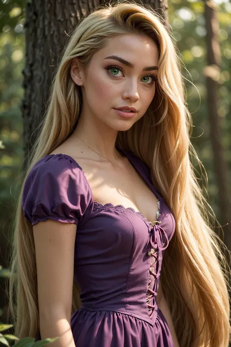 a close up of a woman with long blonde hair in a purple dress