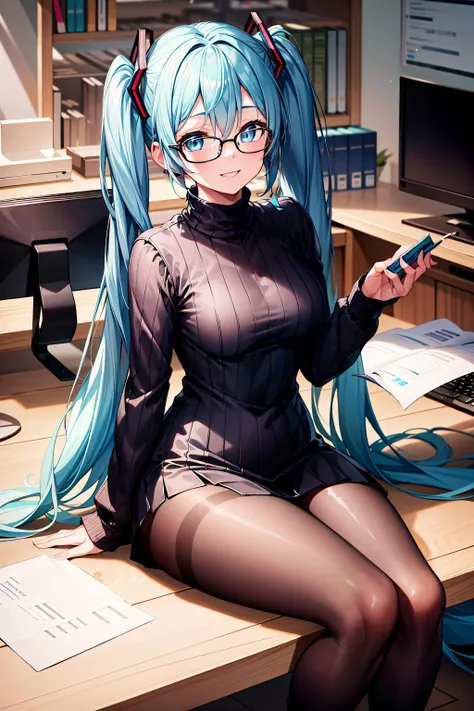 (masterpiece), (best quality),highres, ultra detailed, black sweater , black pantyhose, londe hair, absurdly long ,<lora:ainoku_HatsuneMiku:0.25> Hatsune Miku twintails, glasses, medium breasts, thick thighs, light smile, blue eyes, detailed eyes, detailed...