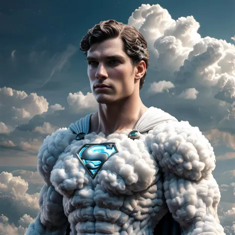 a close up of a man in a superman costume standing in front of a cloudy sky