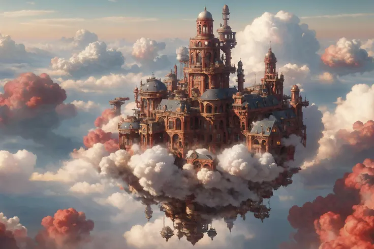 floating steam punk city in a sea of clouds, setting sun, red warm colors,  (masterpiece:1.2), best quality, (intricate details, hyperdetailed, highest detailed:1.2), (high resolution textures), <lora:cloudAI-000033:0.8> cloudAI