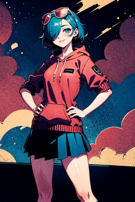 (best quality, masterpiece), 1girl, , lofi artstyle, retro aesthetic, pop art<lora:Retro Lofi - Pop Art stylev1:1.3>, cowboy shot, heaven, dawn, hand on hip, turquoise hair, medium hair, hair over one eye, coral eyes, monster girl, sky blue hoodie, rolled ...