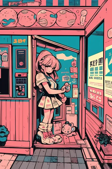 a cartoon girl standing in a doorway of a store with a stuffed animal