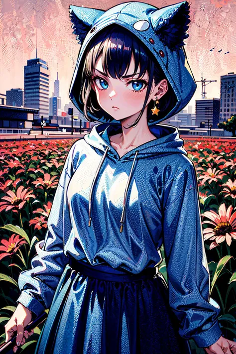 anime girl in a blue dress and a cat hat standing in a field of flowers