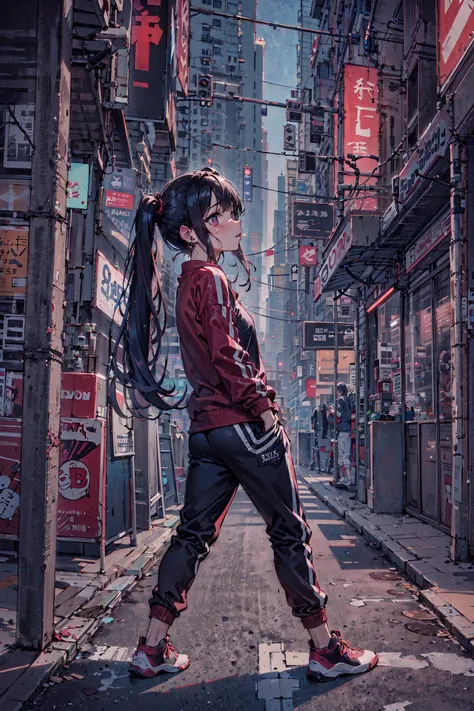 anime girl walking down a city street with a ponytail in her hair