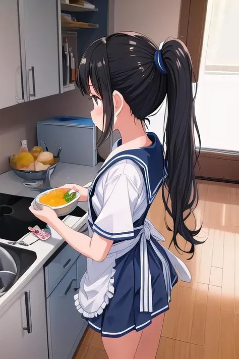 masterpiece, best quality,ultra detail, <lora:anmnr01:0.3> <lora:add_detail:0.5>,<lora:GoodHands-vanilla:0.8>summer sailor uniform
1girl,black hair, ponytail, <lora:heartapronnew:0.9>,(apron).kitchen, Stove,sink,(cooking,food),sideview