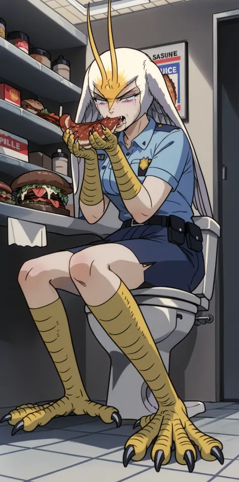 DZVZVZ, score_9, score_8_up, score_7_up, score_6_up, source_anime, 1girl, MCSirene, police uniform, sitting on toilet, talons, steak, eating, indoors, gas station convenience store, crying