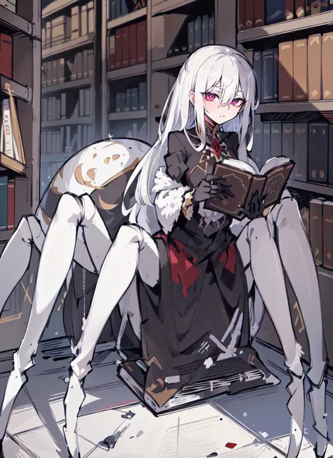 anime girl sitting on a chair reading a book in a library