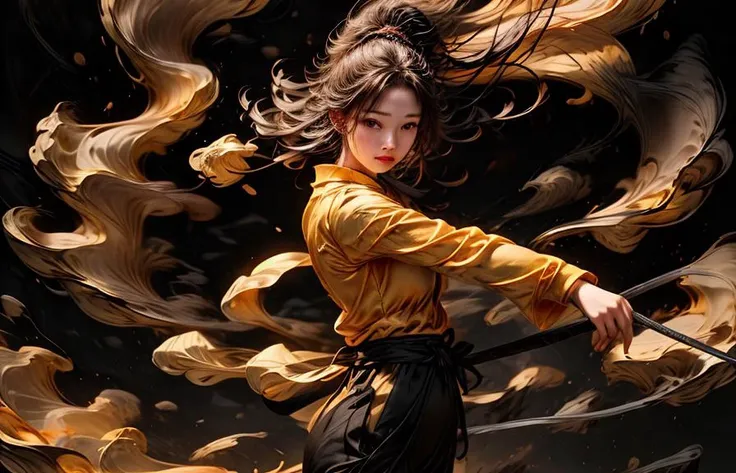 The Chrysanthemum and the Blade, the bride. Vibrant palette, eclectic masterpiece, stunning vampiress, audacious allure, wolfish ears, a gilded touch. Shades of pink, yellow, mint, crimson, blue, and lilac adorn her gradient hair, flowing in waves. Dark re...
