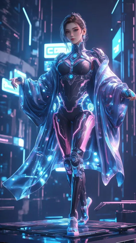 a woman in a futuristic outfit standing on a platform