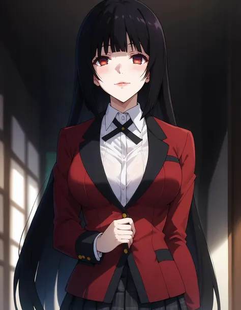 anime girl in a red jacket and black skirt standing in a room