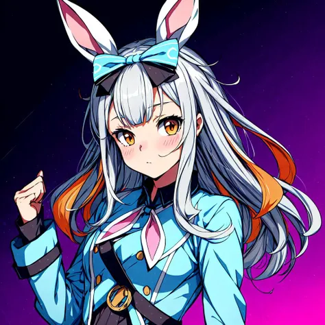 motituki himari,solo,1girl,<lyco:motituki himari2:1.0>,1girl, solo, animal ears, bow, hair bow, rabbit ears, grey hair,  bangs,  long hair, upper body, jacket, long sleeves, white bow, blush, orange eyes, closed mouth, blue bow,<lora:flat2:-1>,<lora:boldli...