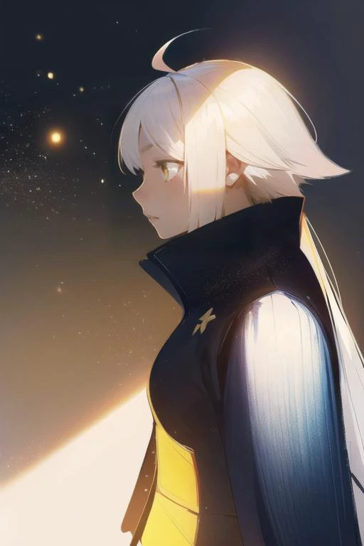 a woman with long white hair and a yellow top standing in front of a star filled sky