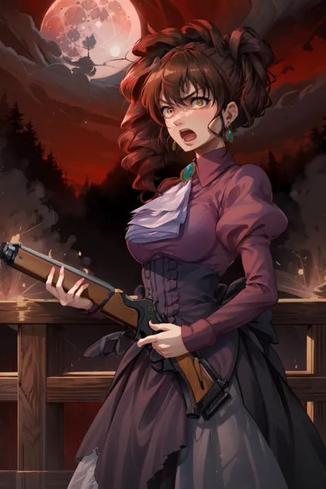 masterpiece,best quality,1girl,mature female,ushiromiya natsuhi,side ponytail,brown hair,brown eyes,dress,ascot,puffy sleeves,jewelry,earrings,angry,constricted pupils,wide-eyed,open mouth,standing,looking to the side,Winchester rifle,holding weapon,forest...