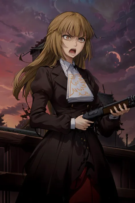 masterpiece,best quality,1girl,mature female,ushiromiya rosa,Rosa,long hair,main outfit,long red skirt,ushiromiya ascot,angry,constricted pupils,wide-eyed,open mouth,standing,looking to the side,Winchester rifle,holding weapon,forest,red sky,red full moon,...