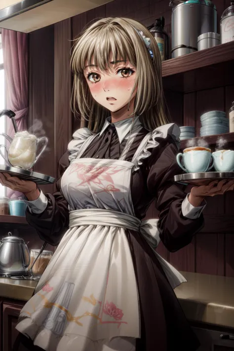 masterpiece,best quality,1girl,mature female, ushiromiya rosa, Rosa,long hair,maid apron,holding tray,embarrassed,blush,cafe, <lora:CHAR-Umineko-Ushiromiya Rosa-SOSDAN:0.7>,  <lora:Concept-control tool-add_detail-CyberAIchemist:1>