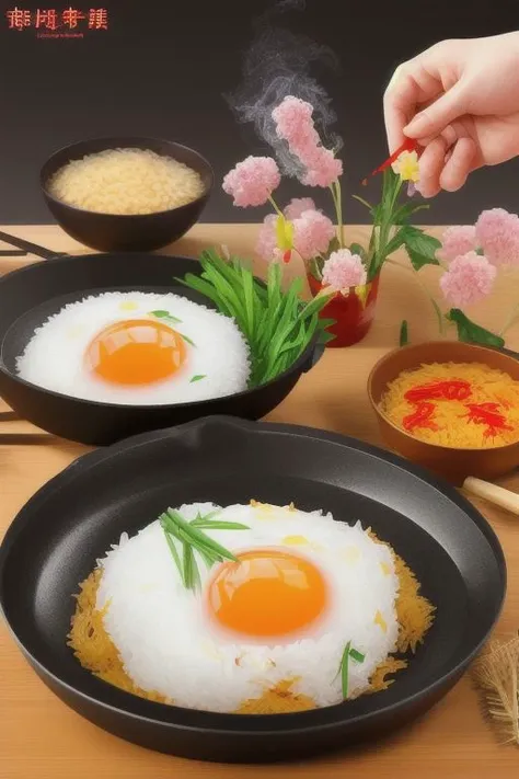 there is a person putting an egg on a pan with rice