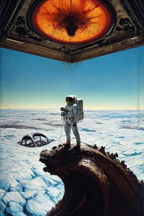 "realistic detailed image of an cosmonaut alone in the tundra next to whale skeleton in the style of Francis Bacon, Surreal, Norman Rockwell and James Jean, Greg Hildebrandt, and Mark Brooks, triadic color scheme, By Greg Rutkowski, in the style of Francis...