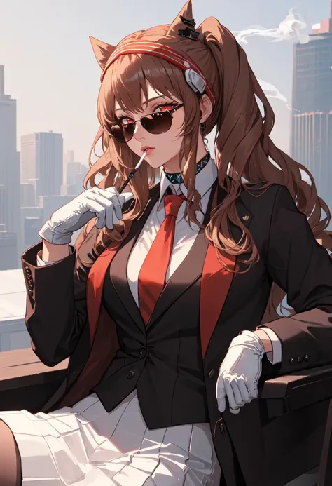 best quality, masterpiece, highres, solo, (angelina_arknights:1.10), (black business suit:1.40), (tie:1.20), (sunglasses:1.25), (white gloves:1.15), (white shirt:1.10), (black skirt:1.15), (smoking:1.20), handsome, 28 <lora:angelina_arknights:0.80>