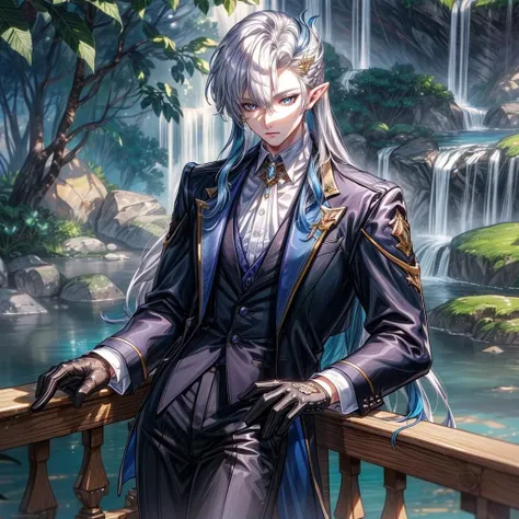 anime character with long white hair and blue eyes standing on a bridge