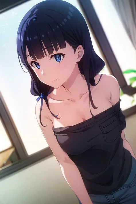 marikurokawa, <lora:mari kurokawa s1s2-lora-nochekaiser:1>,
mari kurokawa, long hair, bangs, blue eyes, black hair, ribbon, hair ribbon, blue ribbon, hair over shoulder, smile,
BREAK shirt, bare shoulders, collarbone, black shirt, strapless, pants, denim,
...