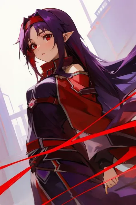 masterpiece, best quality,
female, petite, <lora:yuukikonno-lora-nochekaiser:0.7> yuuki konno, hairband, long hair, pointy ears, purple hair, (red eyes:1.5),