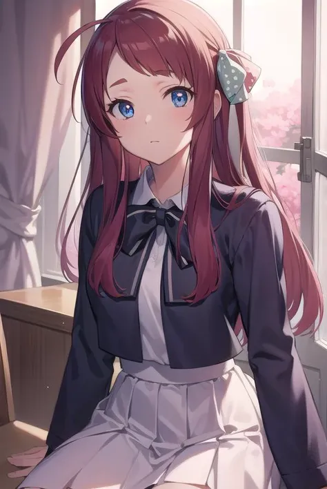 sakuraminamoto, <lyco:sakuraminamoto-lyco-nochekaiser:1>,
sakura minamoto, blue eyes, long hair, red hair, one side up, hair bow, green bow, red bow, ahoge, polka dot, polka dot bow, (small breast:1.2),
BREAK bowtie, long sleeves, school uniform, serafuku,...