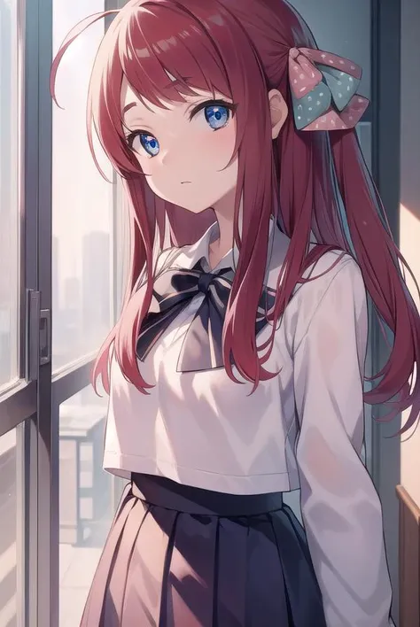 sakuraminamoto, <lyco:sakuraminamoto-lyco-nochekaiser:1>,
sakura minamoto, blue eyes, long hair, red hair, one side up, hair bow, green bow, red bow, ahoge, polka dot, polka dot bow, (small breast:1.2),
BREAK bowtie, long sleeves, school uniform, serafuku,...