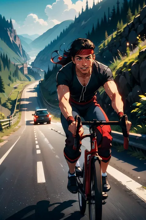 mklkng, man,black hair, brown eyes, red headband, black vest,red sash, black pants,looking serious, grin, blush, heavy breathing, sweat, riding a uphill road bike, hands on handlebar, steep slope,outside, street, blue sky, high quality, masterpiece,  <lora...